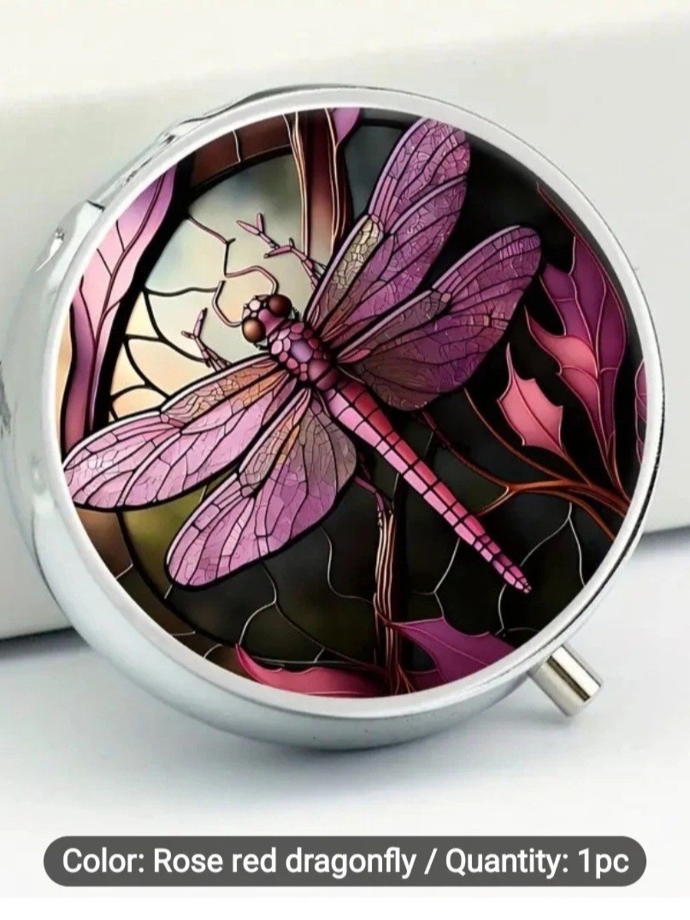 Purple Elegant Dragonfly Round Personal Pill Box W/3 Compartments & Mirror.